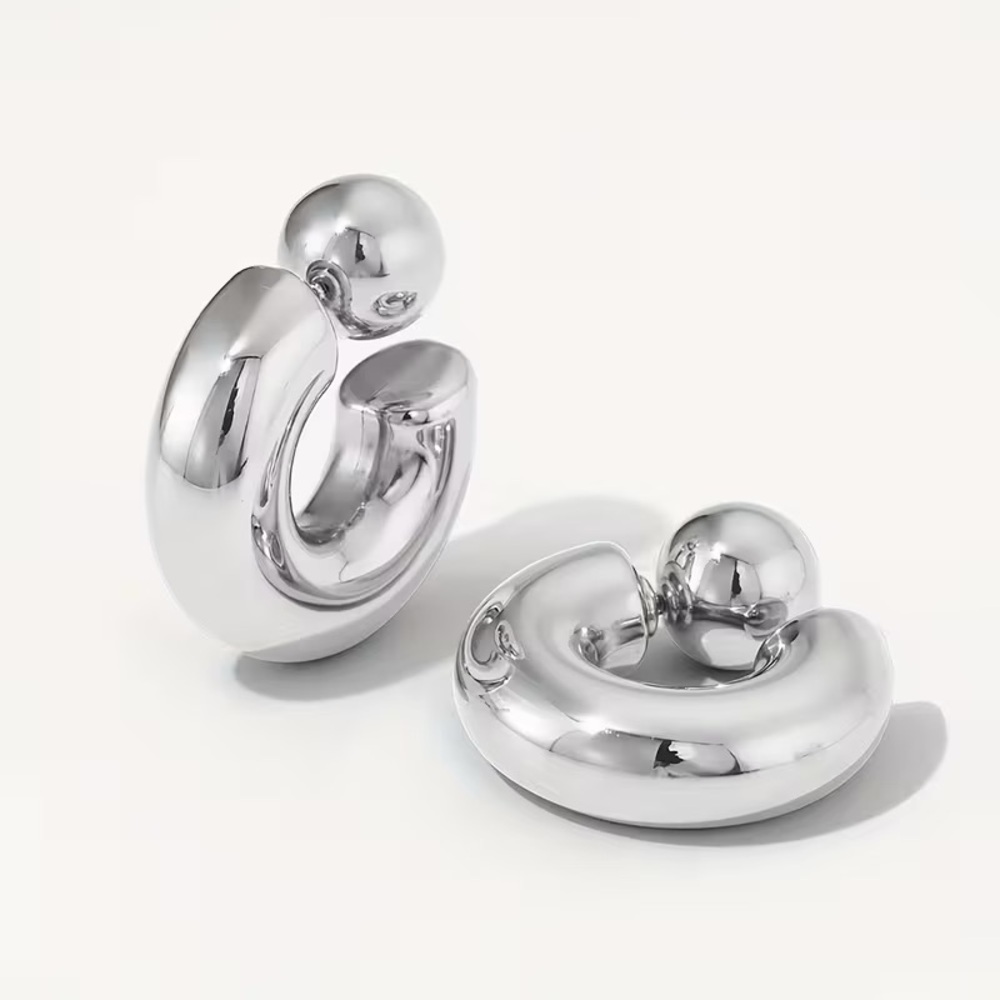 Chunky Silver tone  Reversible C-Hoop Earrings
